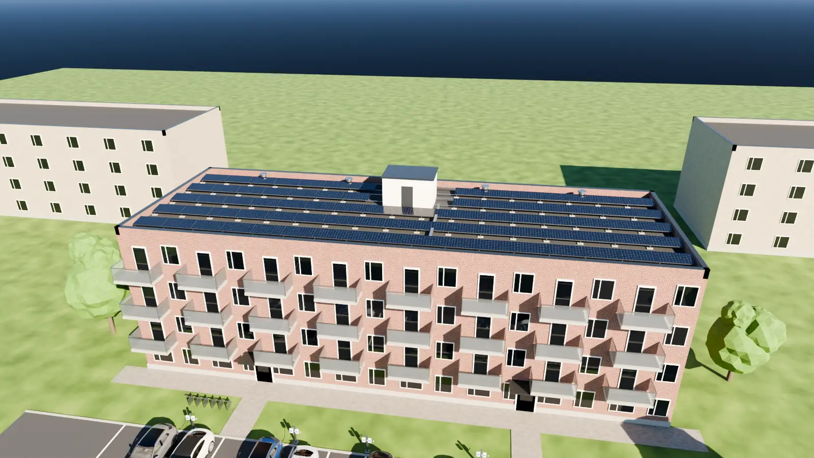 Boligblokk med rader av solceller på taket og ladere på parkeringen, sett fra lufta