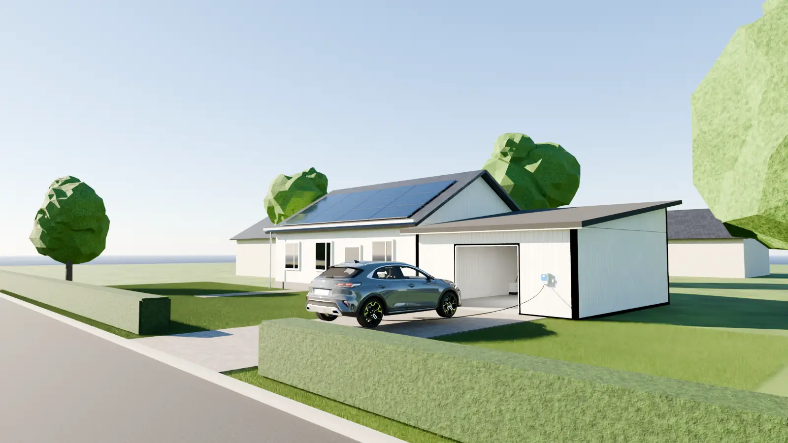 Enebolig med solceller på taket, lader på garasjeveggen og elbil i innkjørselen