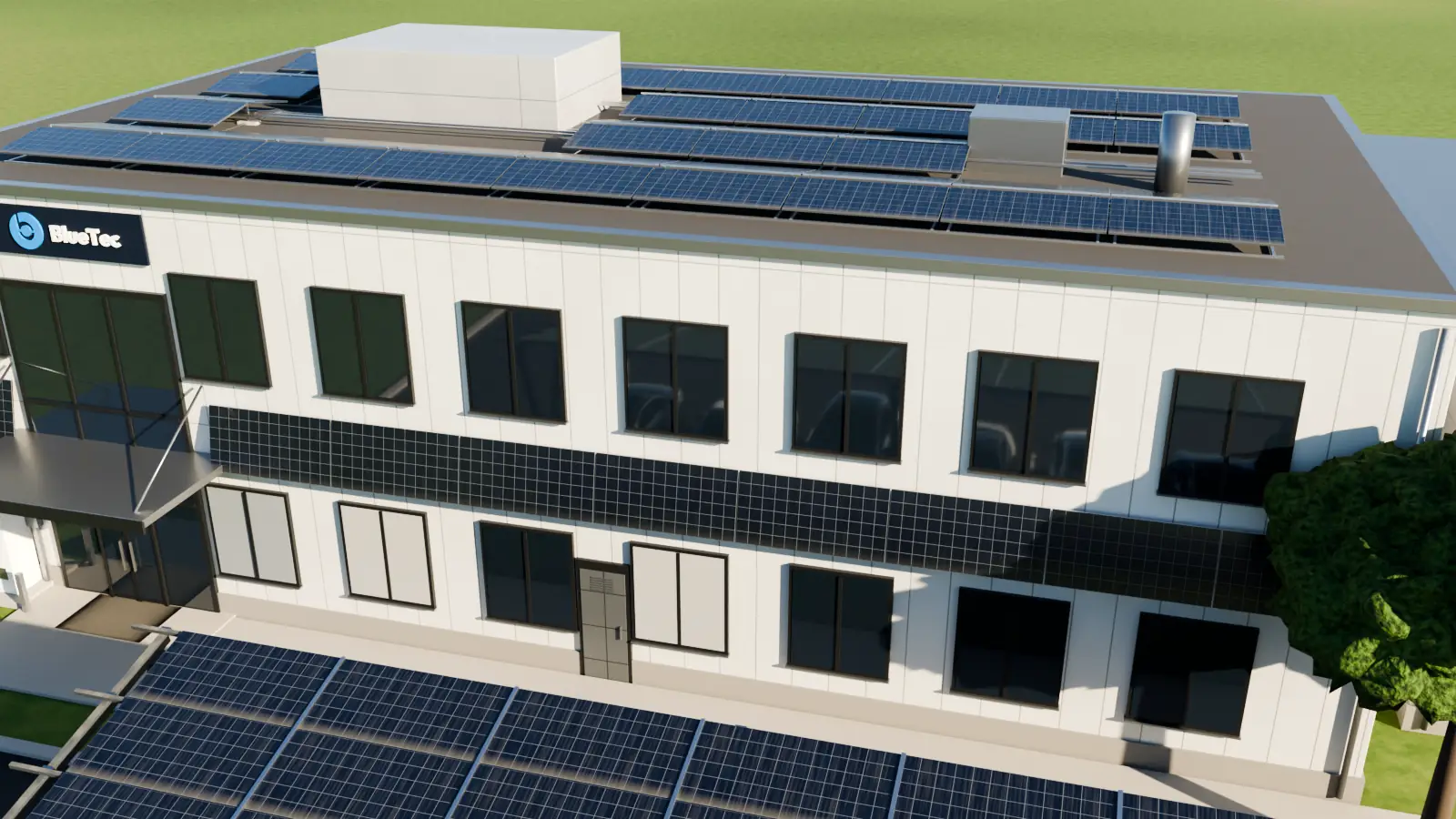 Solcellene på taket og carporten over parkeringen, på samme bygg